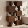 1850mm Walnut Sliding Door Etagere Bookshelf 5-Shelf Tall Book Shelf Rich Storage