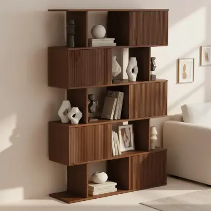 1850mm Walnut Sliding Door Etagere Bookshelf 5-Shelf Tall Book Shelf Rich Storage