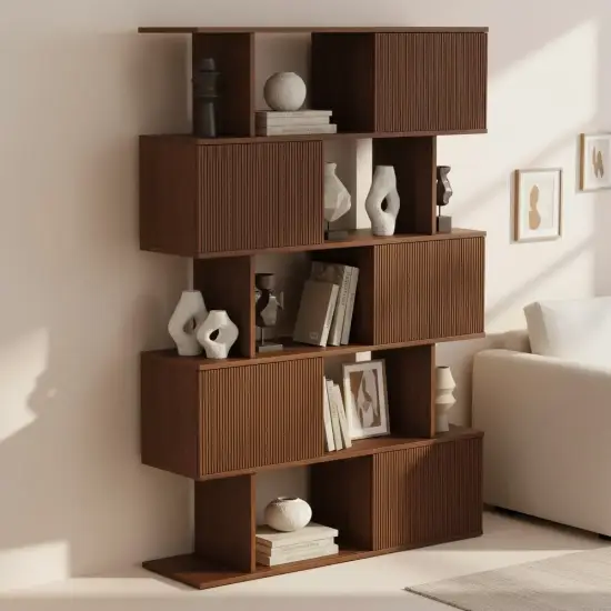 1850mm Walnut Sliding Door Etagere Bookshelf 5-Shelf Tall Book Shelf Rich Storage