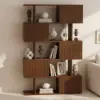 1850mm Walnut Sliding Door Etagere Bookshelf 5-Shelf Tall Book Shelf Rich Storage