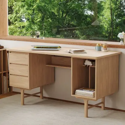 1400mm Mid-century Style Natural Wood Home Office Desk with 3 Drawers