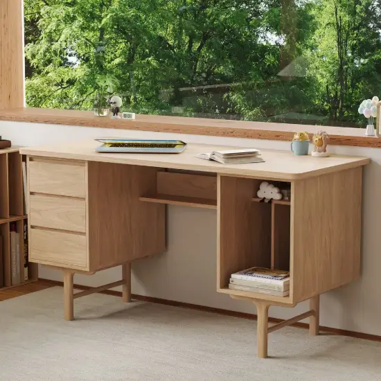 1400mm Mid-century Style Natural Wood Home Office Desk with 3 Drawers