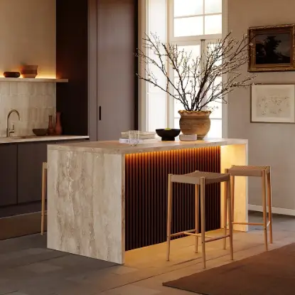 Picture of Modern 183 cm Matte Travertine Kitchen Island with Storage & LED Light, Waterfall Edge