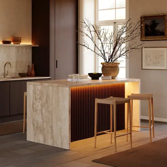Modern 183 cm Matte Travertine Kitchen Island with Storage & LED Light, Waterfall Edge