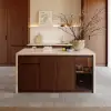 Modern 183 cm Matte Travertine Kitchen Island with Storage & LED Light, Waterfall Edge