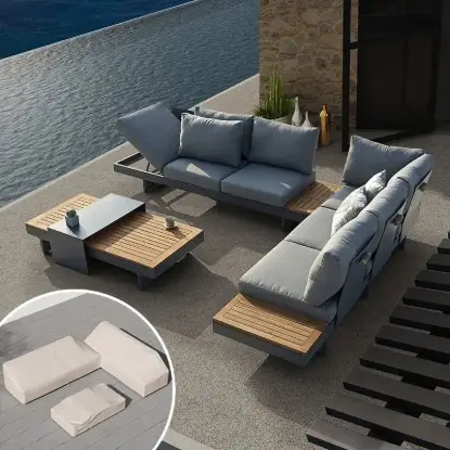 Picture of Tevara 4-Piece Outdoor Teak & Aluminium Modular Sofa Set for 6 in Grey with Ivory Cover