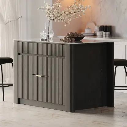 Picture of Mid-Century Modern 129 cm Glossy Sintered Stone Top Kitchen Island with Cabinets, Black