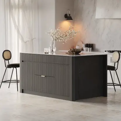 Picture of Mid-Century Modern 183 cm Glossy Sintered Stone Top Kitchen Island with Storage, Black