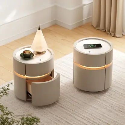 Picture of Saddle Leather 2-Drawer Smart LED Nightstand with Wireless Charging