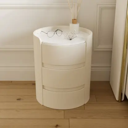 Picture of Modern white bedside tables with 3-drawer marble and leather