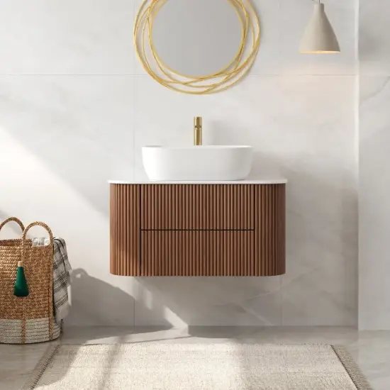 800mm Fluted Floating Bathroom Vanity with Single Basin Sintered Stone Top – Walnut