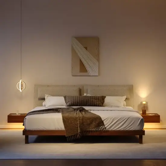 Walnut Queen Size Wood Platform Bed with Headboard and Floating Smart Nightstands
