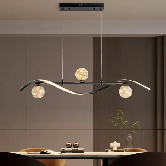 LED Linear Kitchen Island Light – 4-Light Dimmable Black Fixture with Glass Globe Shades