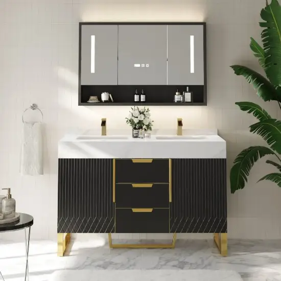Aro 47" Freestanding Double Bathroom Vanity with Sink, Sintered Stone Top – Black – AUD-H1800