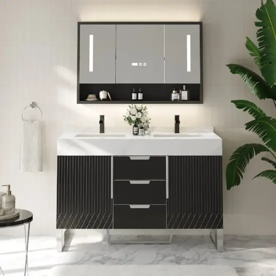 Aro 47" Freestanding Double Bathroom Vanity with Sink, Sintered Stone Top – Black – AUD-H1801