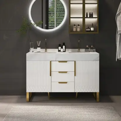 Picture of Aro 47" Freestanding Double Bathroom Vanity with Sink, Sintered Stone Top – Brushed Gold