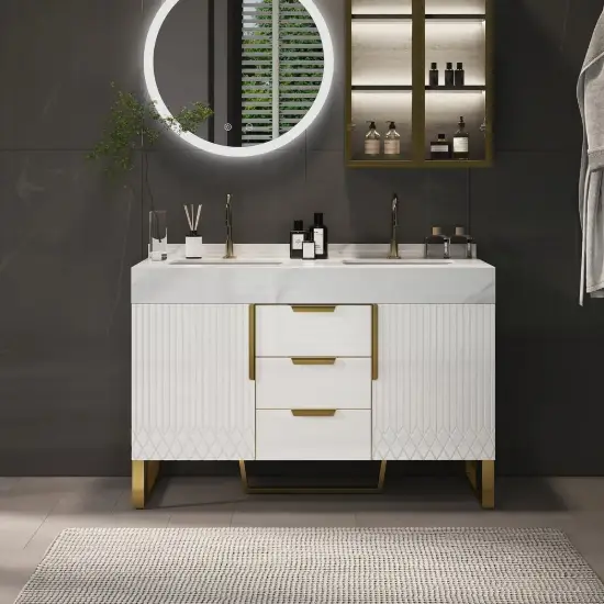 Aro 47" Freestanding Double Bathroom Vanity with Sink, Sintered Stone Top – Brushed Gold