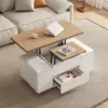 100 cm Lift-Top Foldable Natural & White Coffee Table with 4 Stools & Storage
