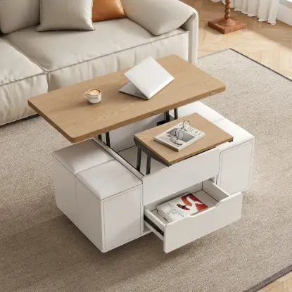 100 cm Lift-Top Foldable Natural & White Coffee Table with 4 Stools & Storage