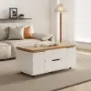 100 cm Lift-Top Foldable Natural & White Coffee Table with 4 Stools & Storage