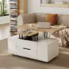 100 cm Lift-Top Foldable Natural & White Coffee Table with 4 Stools & Storage