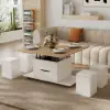 100 cm Lift-Top Foldable Natural & White Coffee Table with 4 Stools & Storage