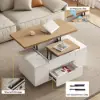 100 cm Lift-Top Foldable Natural & White Coffee Table with 4 Stools & Storage