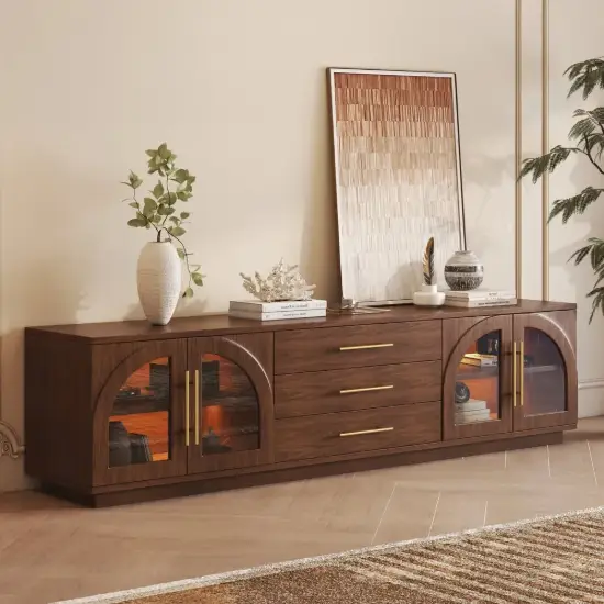 Arune 203 cm Arched Glass Doors TV Unit with Storage and LED – Walnut Stand