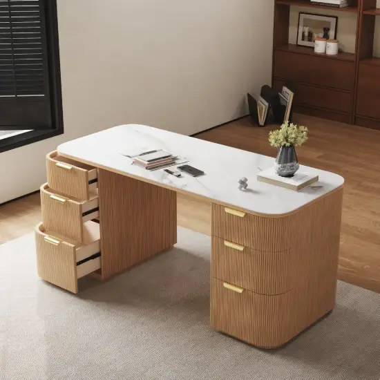 Modern 162 cm Rounded Edge White Sintered Stone Desk with Dual Storage