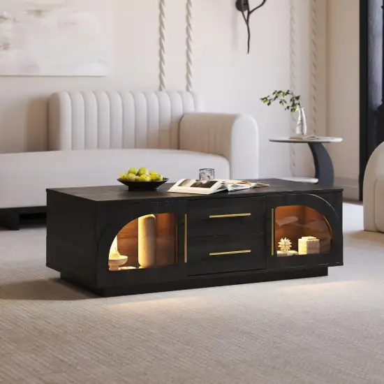 Arune 120 cm Arched Glass Doors Coffee Table with Storage and LED – Black – Aeune