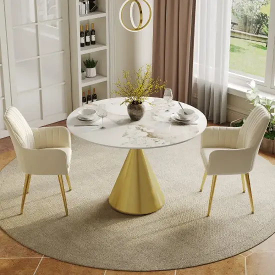 1000mm Sintered Stone Round Dining Table Set with Brushed Gold Base Seats 2 People – AUD-H1826