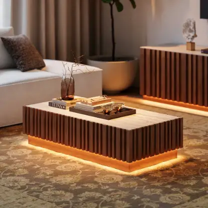 Picture of Aura 120 cm Ash Wood Slatted Coffee Table with Sintered Stone Top
