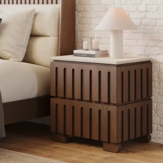 Florva Ash Wood 2-Drawer Nightstand with Faux Travertine Top Set of 2 – AUD-H1835