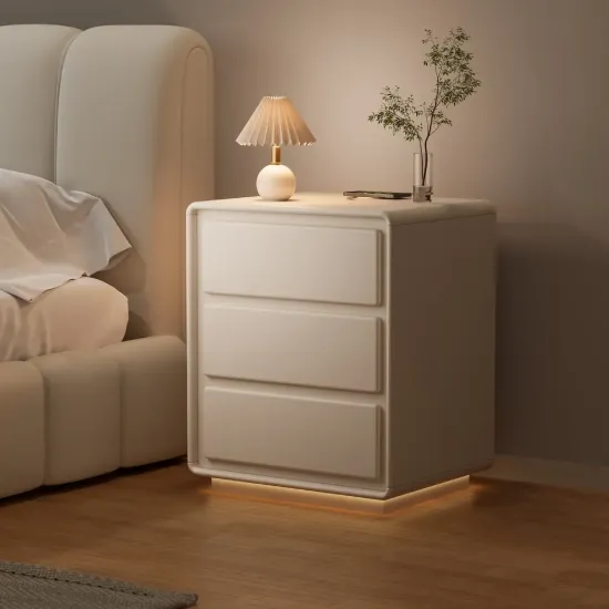 Modern 3-drawer off-white MDF Bedside Table with USB and Lighting – AUD-H1839