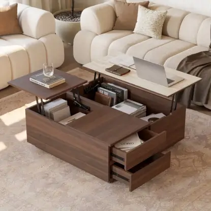 100 cm Square Dual Lift-Top Walnut Coffee Table with Sintered Stone Top & Storage