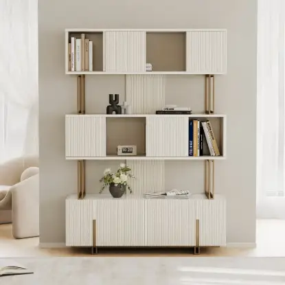 170 cm Off-white Sliding Door Etagere Bookshelf 5-Shelf Tall Book Shelf Rich Storage