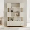 170 cm Off-white Sliding Door Etagere Bookshelf 5-Shelf Tall Book Shelf Rich Storage