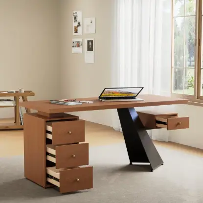 1600mm Walnut Office Desk with Drawer - Rubberwood, Modern Design
