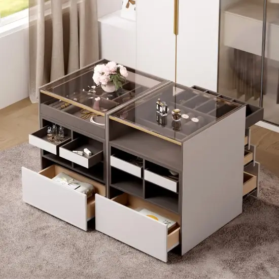 Saddle Leather Glass Top 7-Dresser Walk-In Closet Island with Light and Jewelry Display, Set of 2