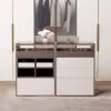 Saddle Leather Glass Top 7-Dresser Walk-In Closet Island with Light and Jewelry Display, Set of 2