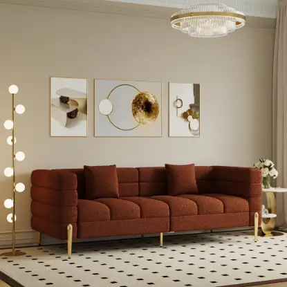 Axial 200 cm Boucle Fluted Sofa with Gold Legs & Pillows – Aurora