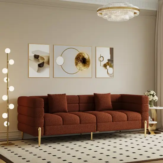 Axial 200 cm Boucle Fluted Sofa with Gold Legs & Pillows – Aurora