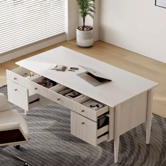 Mid Century Modern 163 cm Rectangular Whitewash Wood Desk with 6 Drawers