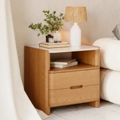 Arvona Modern Natural Wooden 2-Drawer Nightstand with Sintered Stone Top, Set of 2