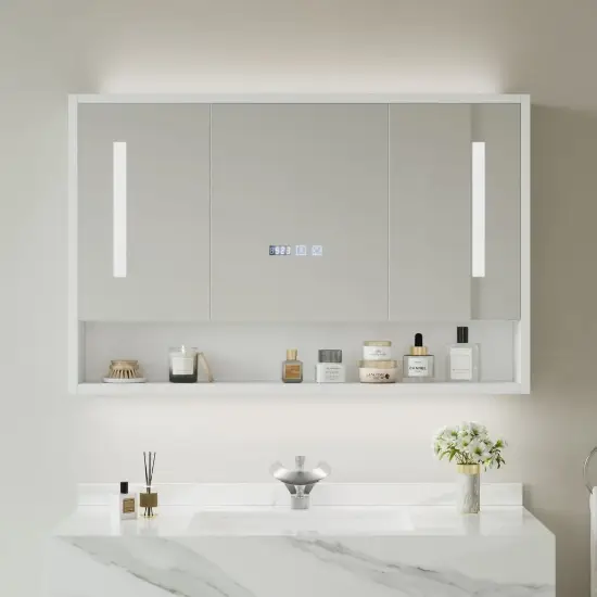 1000mm White LED Medicine Cabinet with Adjustable Lighting, Demister & Digital Clock