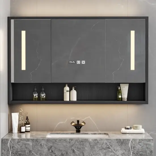 1000mm Black LED Medicine Cabinet with Adjustable Lighting, Demister & Digital Clock
