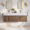 Modern 59" Walnut Floating Double Bathroom Vanity with Sintered Stone Top and Sink – Gold Handles