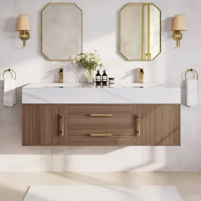 Modern 59" Walnut Floating Double Bathroom Vanity with Sintered Stone Top and Sink – Gold Handles