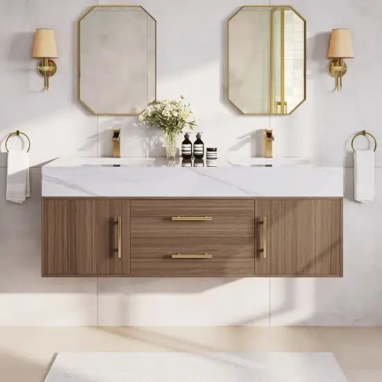 Modern 59" Walnut Floating Double Bathroom Vanity with Sintered Stone Top and Sink – Gold Handles