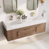 Modern 59" Walnut Floating Double Bathroom Vanity with Sintered Stone Top and Sink – Gold Handles